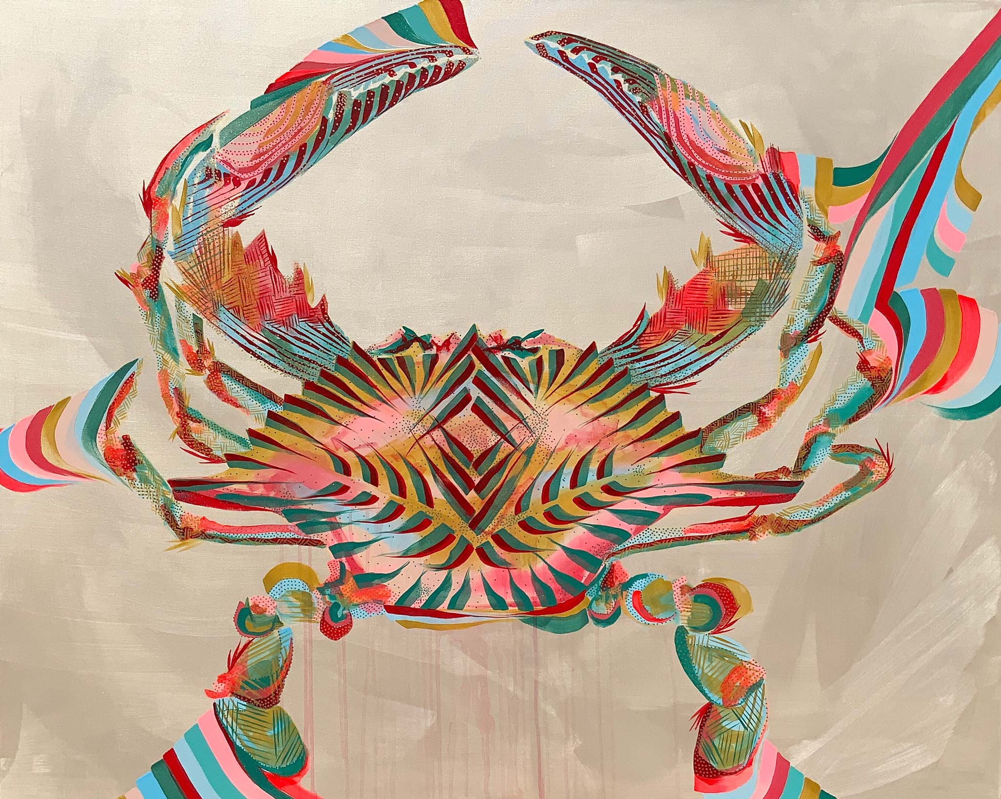 acrylic, crab, pink, teal, red, pearl ground, bold lines, layered lines, graphic style