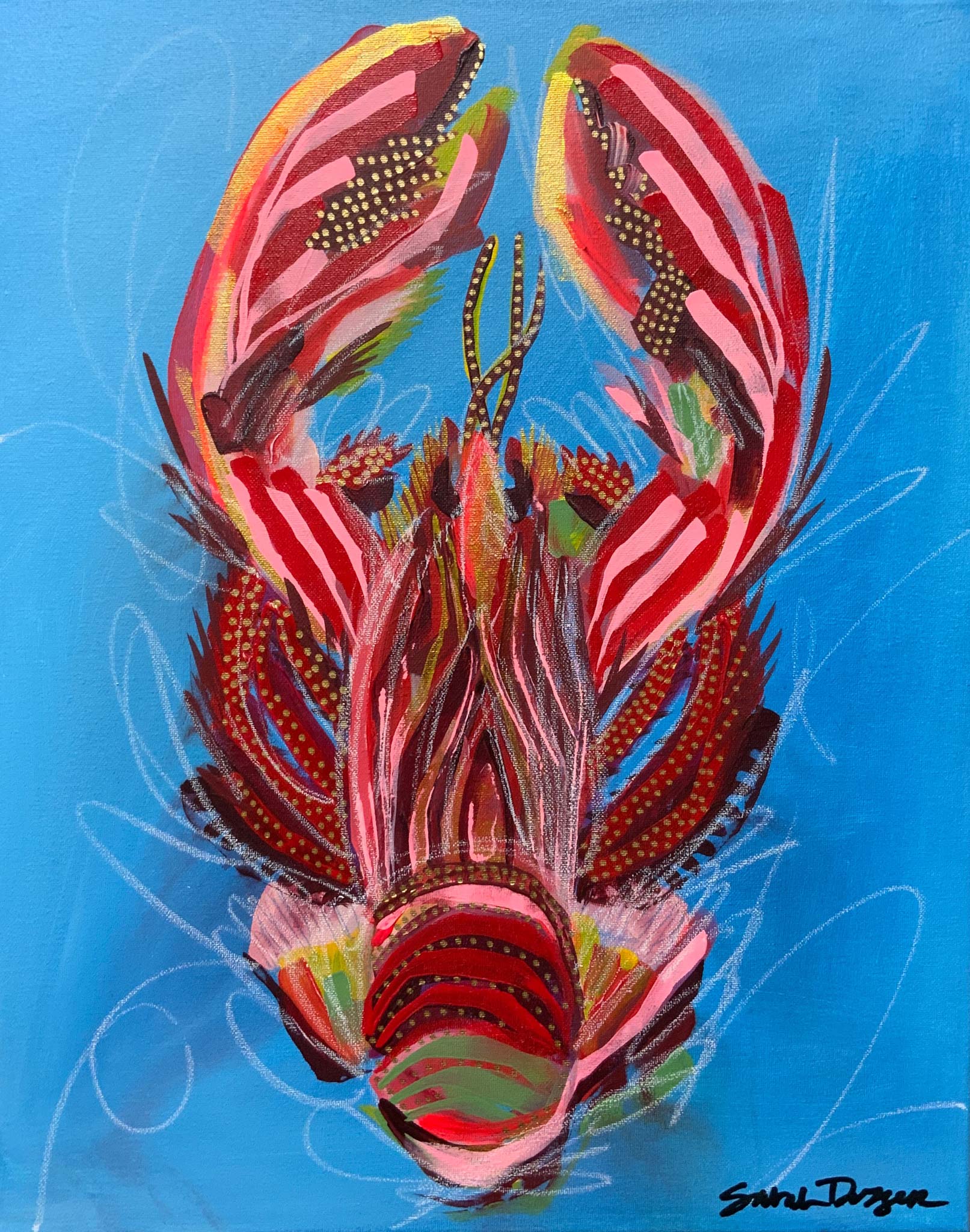 acrylic, lobster, red, blue ground, bold lines, layered lines, graphic style