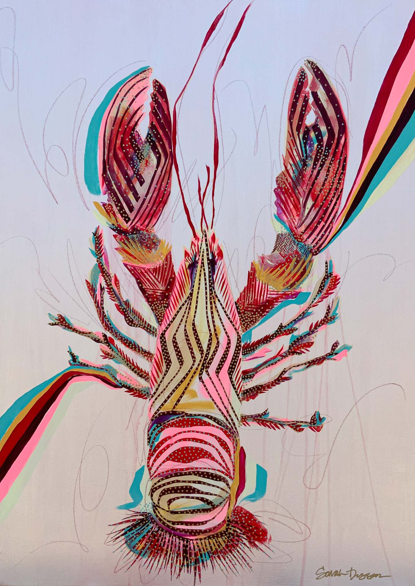 acrylic, lobster, red, pink, pearl ground, bold lines, layered lines, graphic style