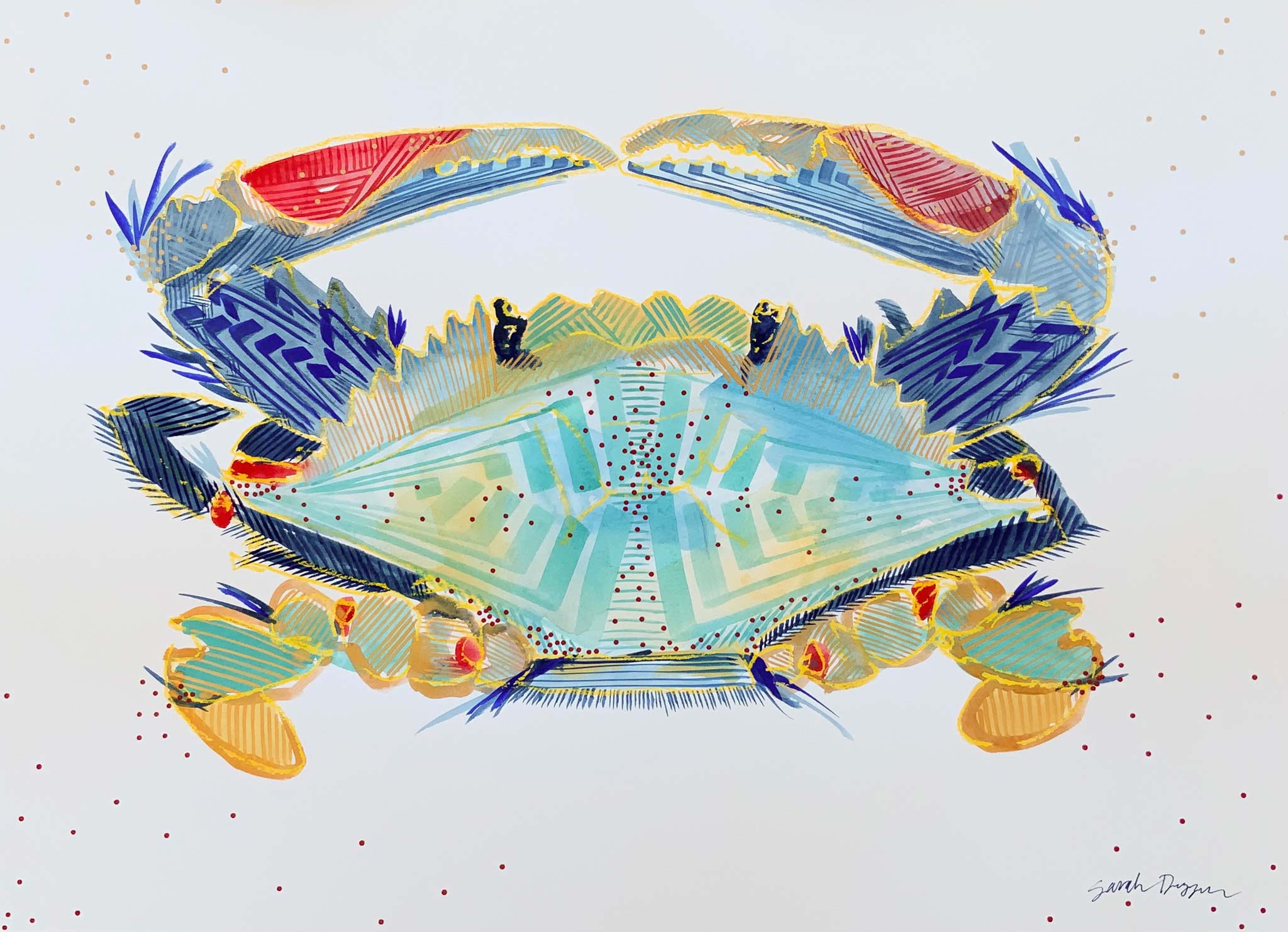 gouache, singular subject crab in aquas, reds, blues, gold, white ground, bold lines, layered print and pattern, graphic style