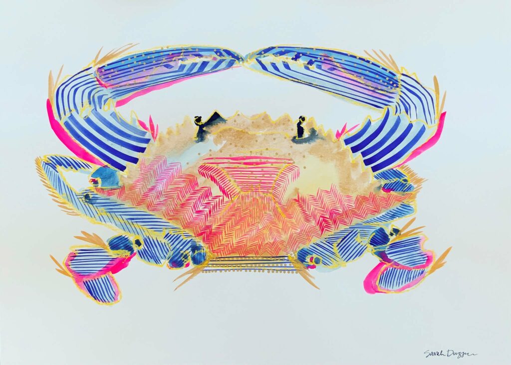 gouache, singular subject crab in pinks, blues, gold, white ground, bold lines, layered lines create form, graphic style