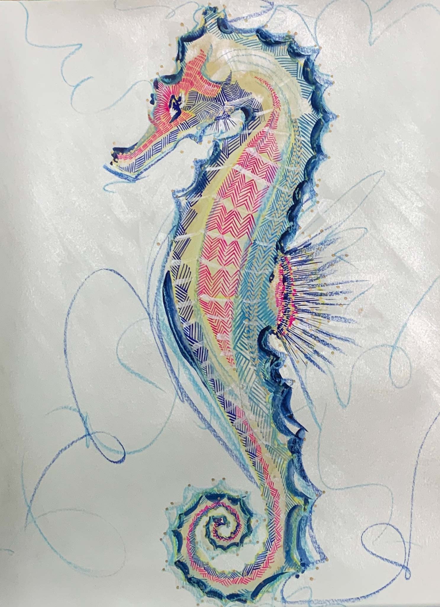 gouache, singular subject sea horse in blues, pinks, gold, white ground, bold lines, layered lines create form, graphic style