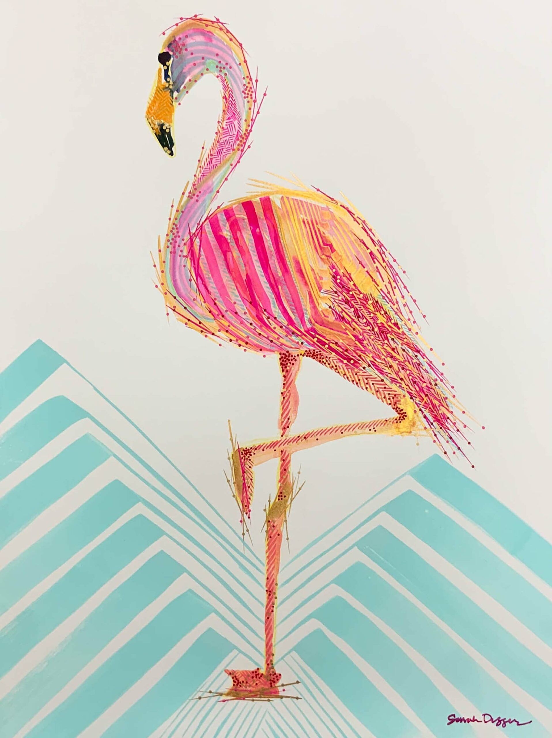Pink and turquoise, stylized gouache flamingo on watercolor paper.