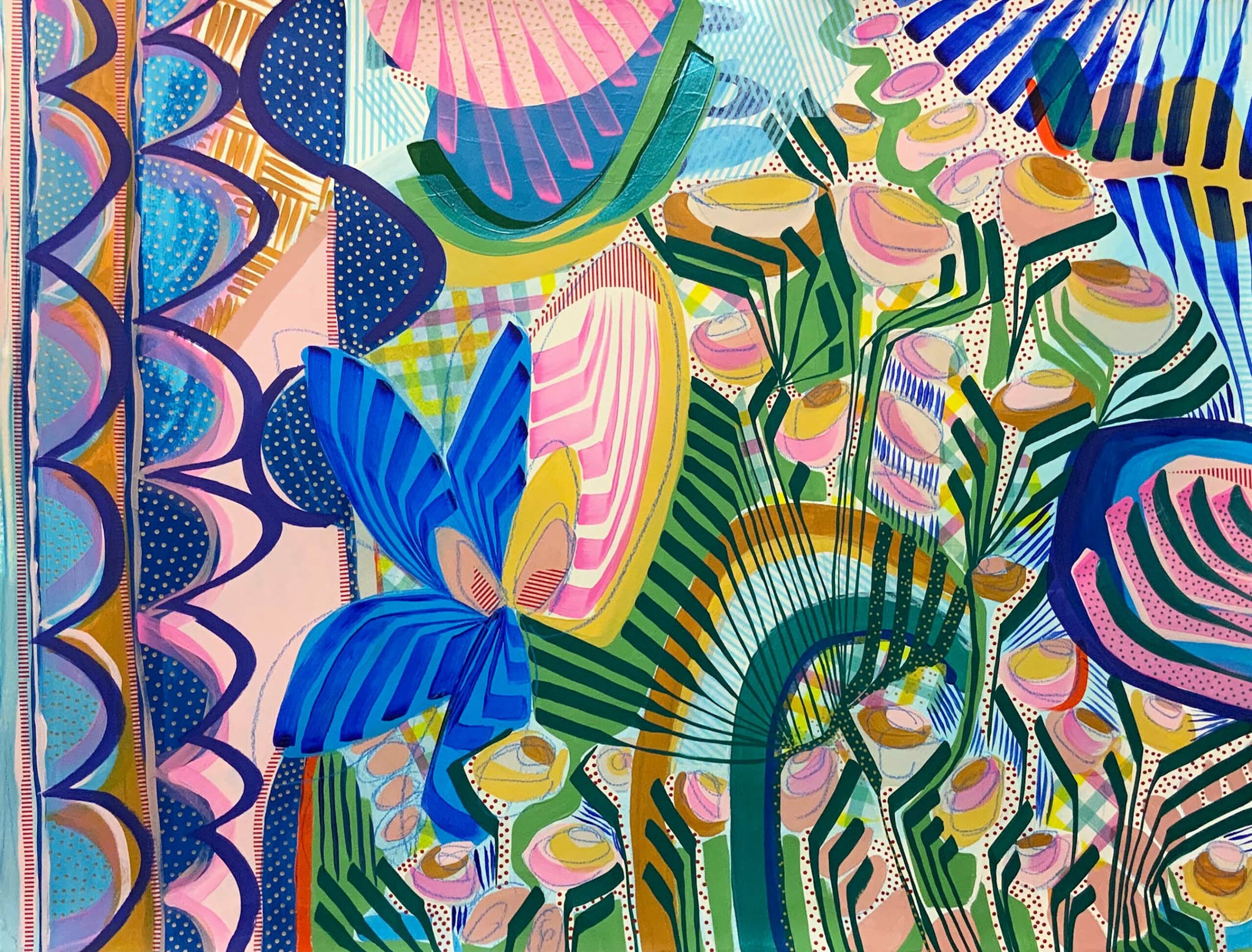 Geometric, abstract floral painting in blues, greens and pinks.