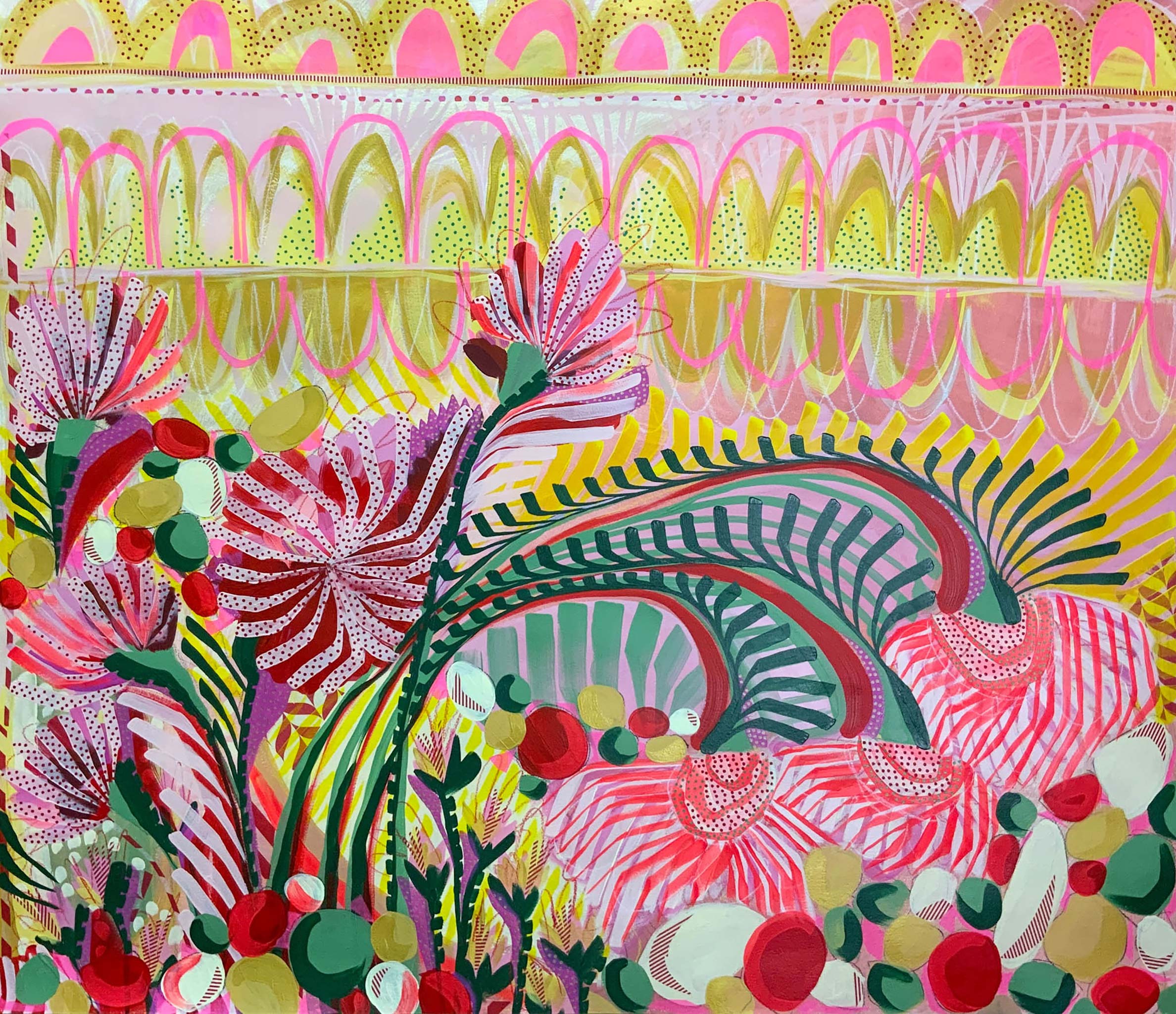 Abstract, pink and yellow floral with print and pattern design influences.