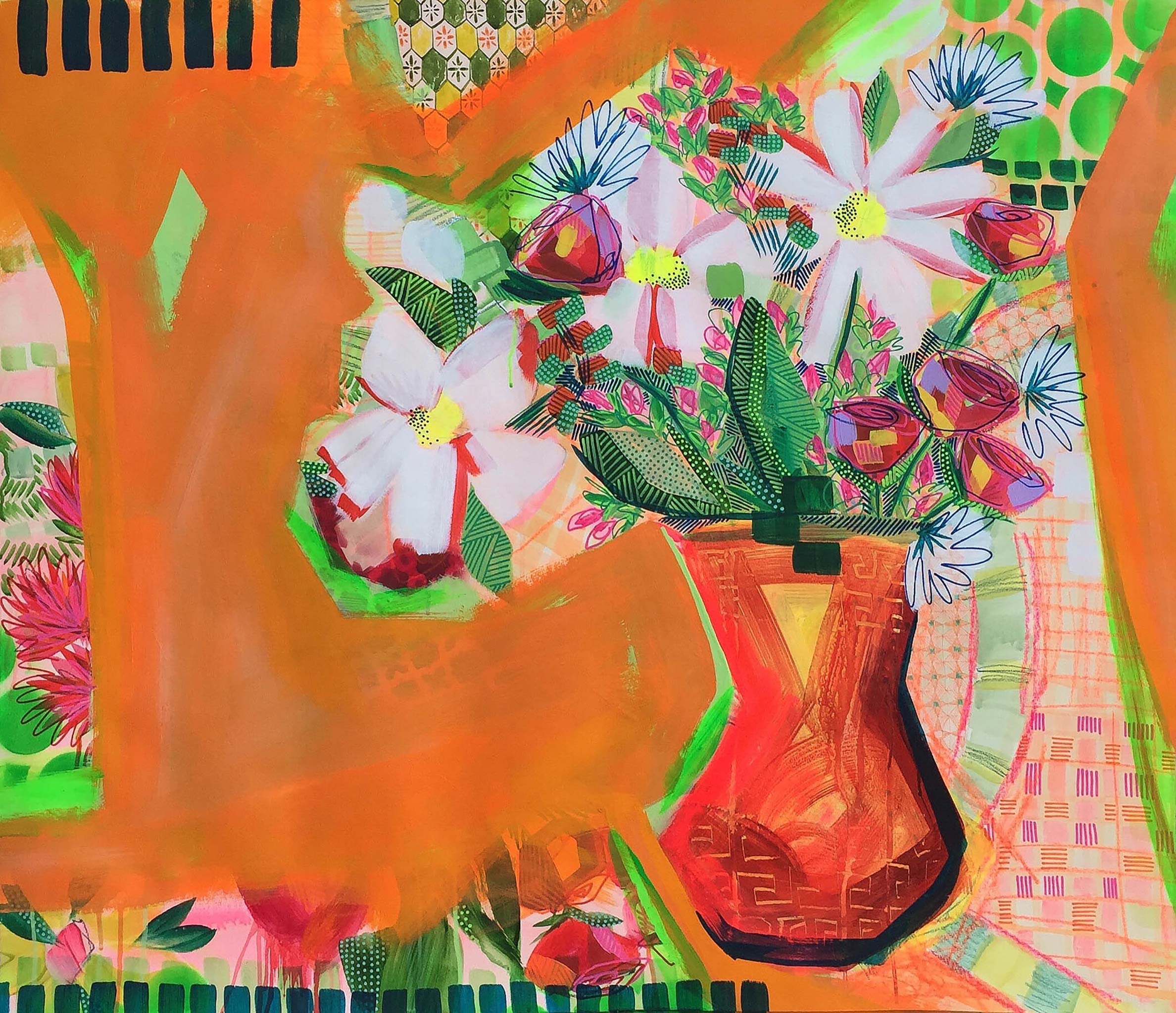Painterly daisies in an orange vase mixed with geometric textile patterns.