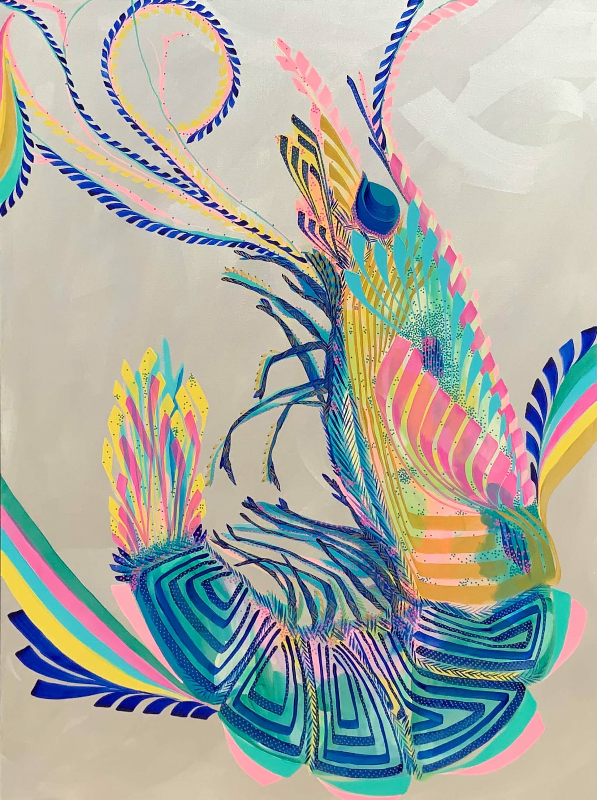 Stylized, colorful, graphic interpretation of a shrimp.