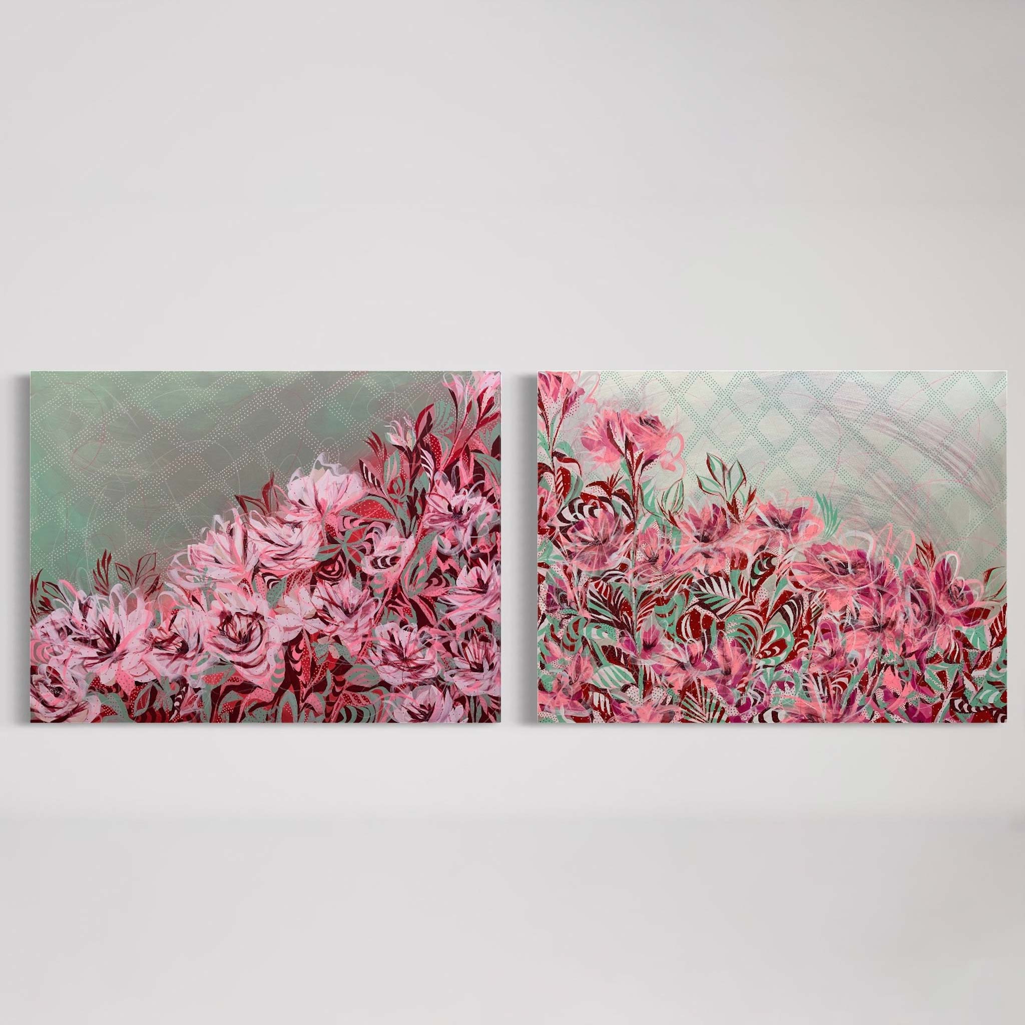 Two panels of red, pink and mint green striped and dotted roses set in a mountain composition of Mount Tamalpais